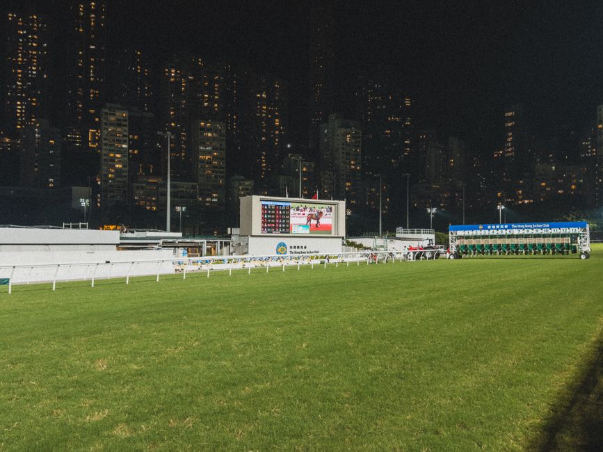 Nighttime horse racing at Happy Valley Racecourse with city skyline backdrop on Hong Kong Island.